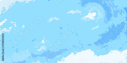 Abstract watercolor painting of a swirling blue sky with white clouds and a hint of a hurricane eye