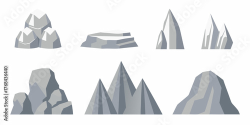 Collection of stylized geometric rock formations and mountain peaks in shades of gray and white