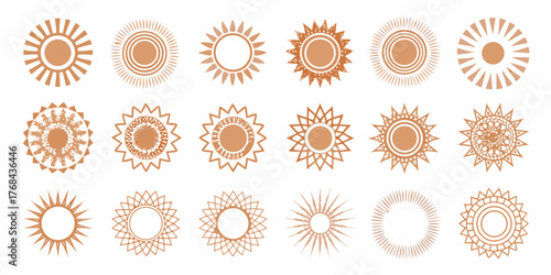 Collection of decorative sun icons in warm earth tones on white background