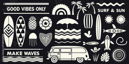 Collection of summer beach and surf icons with retro van and palm trees