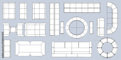 Collection of modern modular furniture elements in a top down view blueprint style