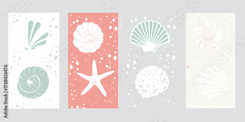 Collection of stylized sea shells and starfish in pastel colors arranged in a grid pattern