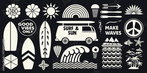 Retro surf and sun lifestyle collection with van rainbow peace sign and tropical elements
