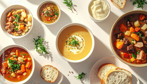 Variety of soups and stews with fresh herbs and bread create cozy meal setting
