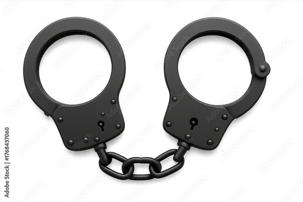 Obraz premium Handcuffs, a symbol of crime, arrest, and justice, featuring black metal design on a transparent background
