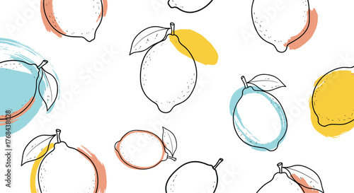 Fresh lemons pattern with yellow, blue, and peach brush strokes on a white background creates a vibrant and modern design.