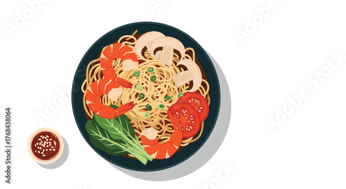 Overhead view of a delicious plate of shrimp ramen with garnishes on a white background, with a small bowl of sauce next to it, casting a shadow on the surface below.
