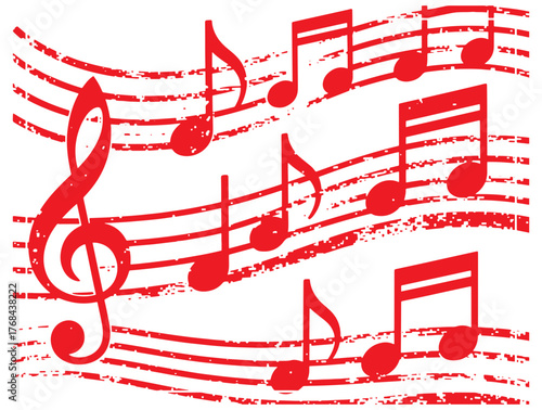  Bold red music notes flow along curved staves in a decorative, graphic design. This artwork captures rhythm, melody, and artistic energy, ideal for posters