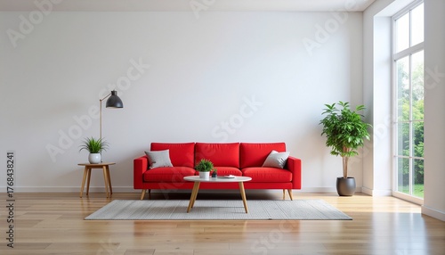 Red sofa in minimalist living room