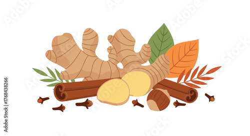 An illustration of ginger, cinnamon sticks, cloves, hazelnuts, and autumn leaves.