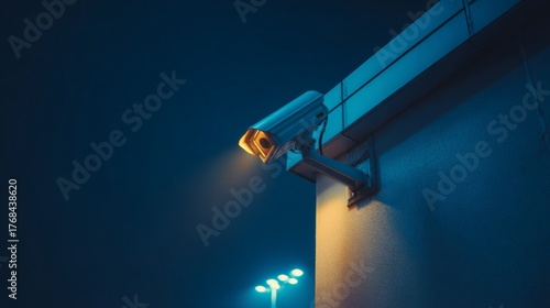 Modern security camera mounted on building exterior at night, illuminating surrounding area with warm light, enhancing safety and surveillance effectiveness