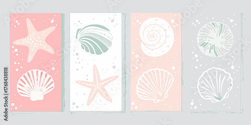 Set of four pastel colored abstract illustrations of seashells and starfish with speckled backgrounds