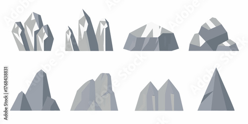 Collection of stylized geometric rock formations and crystal clusters in shades of gray