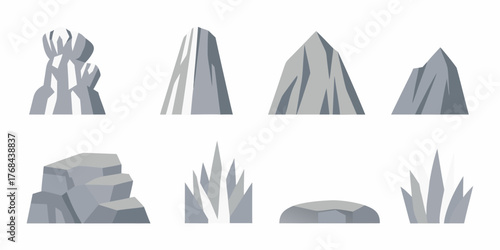 Collection of stylized grey rock formations and mountain peaks in a flat design style