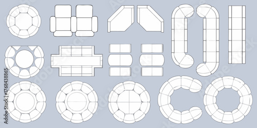 Collection of top view furniture layouts including sofas chairs and modular seating arrangements