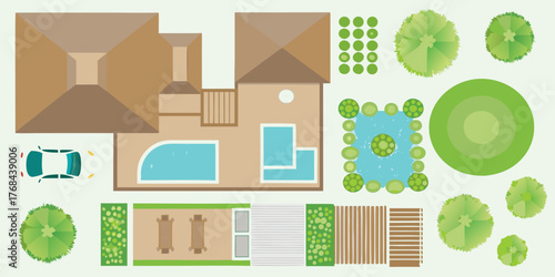 Top view illustration of a modern house with swimming pool pond garden deck and car