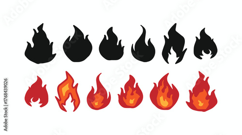 A set of twelve flat fire flame icons and black silhouettes. Hand-drawn vector collection for gaming, energy, danger, camp, spicy food, or warning signs