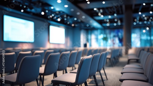 Modern professional seminar room with empty chairs and presentation screens — premium corporate event setting