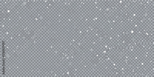 Realistic falling snow overlay on a transparent gray checkered background for winter design