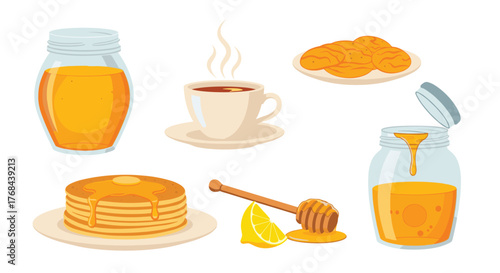 A colorful illustration of honey and associated food items like pancakes, cookies, and tea against a white background.
