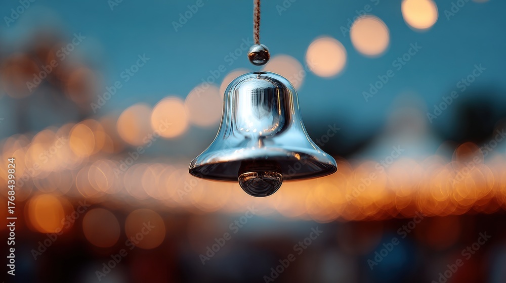 Obraz premium Close-up of a silver bell hanging from a string. the bell is in the center of the image and is slightly tilted to the right.