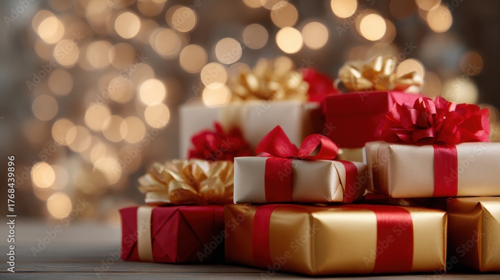 Obraz premium Group of gift boxes stacked on top of each other on a wooden surface. the boxes are wrapped in gold and red paper with a red ribbon tied in a bow on top.