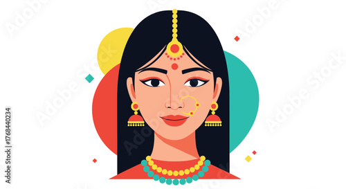 Vibrant illustration of a South Asian woman adorned with traditional Indian jewelry, including a maang tikka, bindi, and nose ring.