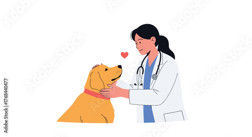A veterinarian petting a golden retriever in a veterinary clinic, expressing care and affection for the dog, with a red heart symbol above them, representing love and compassion.