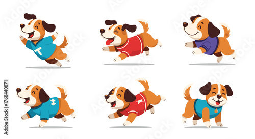Cheerful cartoon dogs running and jumping, wearing colorful shirts, happily enjoying a day of playful activities, radiating positive energy.