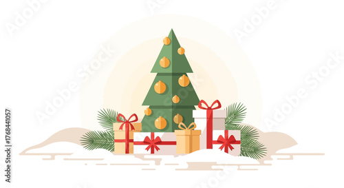 vector illustration of beautifully wrapped Christmas gifts under an evergreen tree