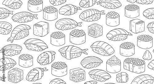 Delicious sushi rolls and nigiri in a seamless pattern, perfect for backgrounds and designs with a Japanese culinary theme.