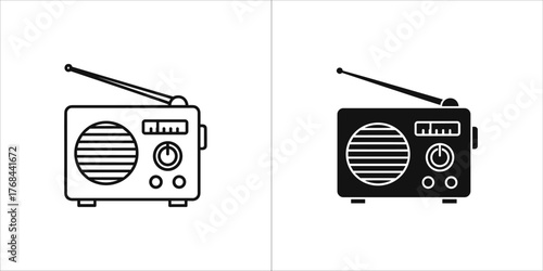 Outline and filled icon of a vintage radio with antenna