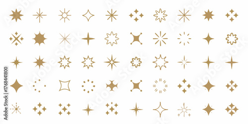 Collection of gold starbursts and sparkle icons on white background