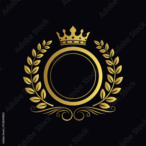 Golden royal emblem with crown and laurel wreath on, luxury symbol