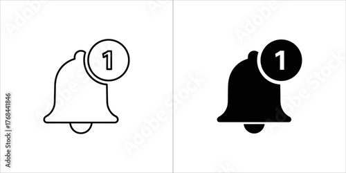Bell notification icon with a number one, outline and solid black