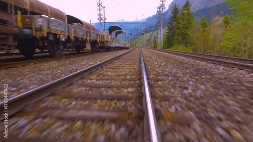 A time lapse low angle view of train tracks riding across the kandertal valley in switzerland on a cloudy day