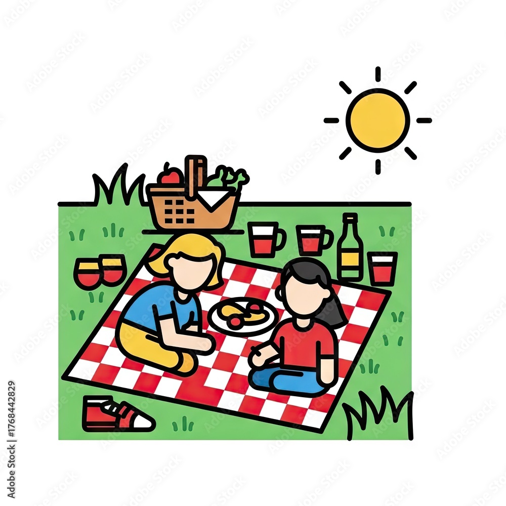 Obraz premium Picnic Scene With Two People Sitting On Checkered Blanket Under Sunny Sky Enjoying Food And Drinks
