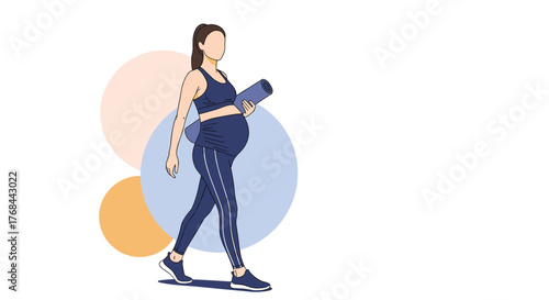 Pregnant woman in athletic wear walks with a yoga mat.