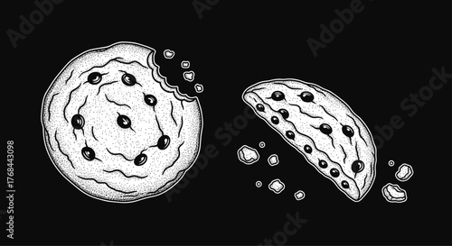 Black and white stipple illustration of two chocolate chip cookies, one with a bite taken out, and crumbs on a black background.