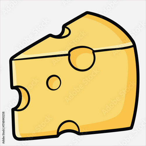 Illustration of a wedge of cheese with holes on a white background in a cartoon style with warm yellow tones.