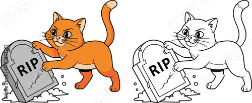 Funny Cat Knocking Over a Tombstone with RIP Text, Cute Halloween Cartoon and Coloring Page Illustration