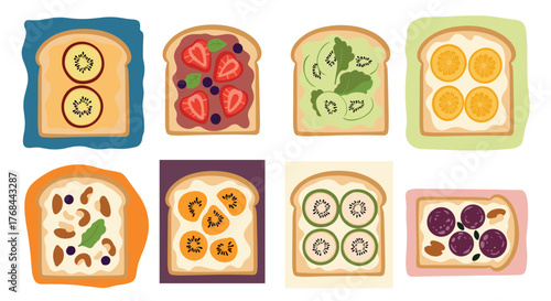 Assortment of toast with various toppings including kiwi, strawberries, blueberries, and oranges, each on a colorful background.
