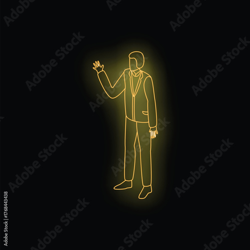 Neon sign of a businessman raising his hand, perfect for themes of greeting, business, and nightlife