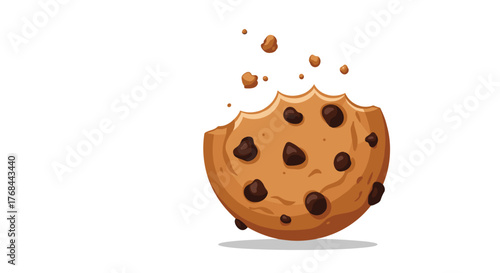 A delicious, freshly baked chocolate chip cookie with a bite taken out and crumbs falling, set against a clean white background.