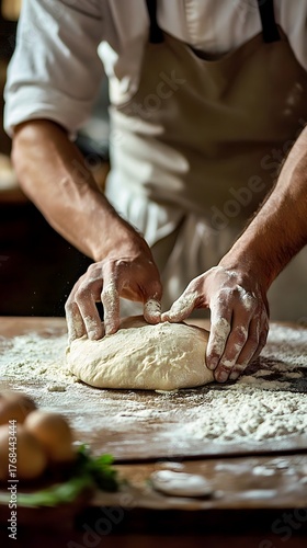 A male chef with fair skin kneads dough in a rustic kitchen setting.