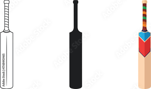 Cricket bat variations black silhouette and color with line drawing set