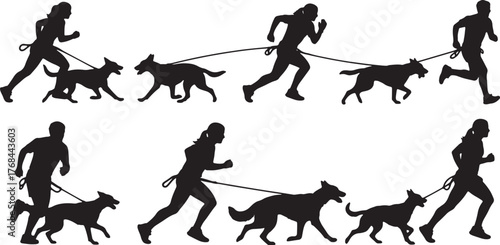 Canicross Runners with Dogs Silhouette Set