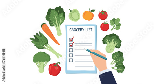 Illustration of a hand checking items off a grocery list surrounded by fresh vegetables and fruits.