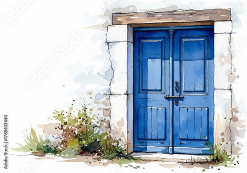 A serene blue wooden door set in a textured stone wall, masterfully depicted in a clean watercolor style, creating a charming architectural illustration with timeless appeal and rustic elegance