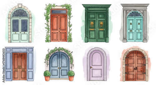 A curated collection of diverse watercolor door illustrations, showcasing unique architectural designs and vibrant color palettes, perfect for creative projects and graphic assets